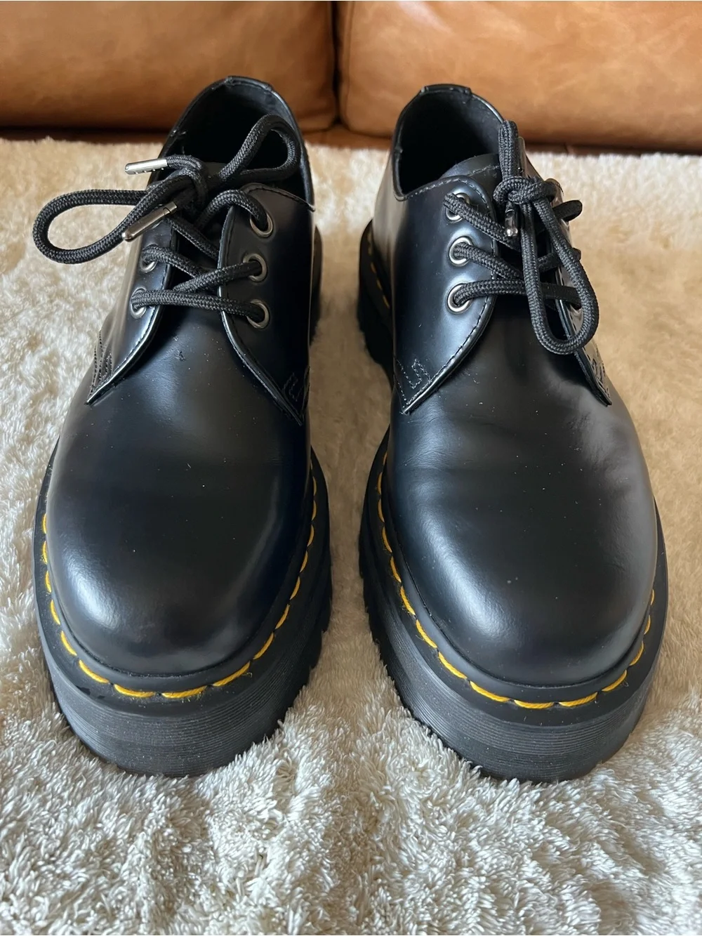 Dr. Martens Black Platform Derby Shoes with Yellow Stitching